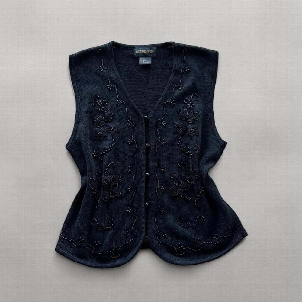 Vintage 90s Requirements Black Beaded Sweater Vest Womens M Floral Embroidered